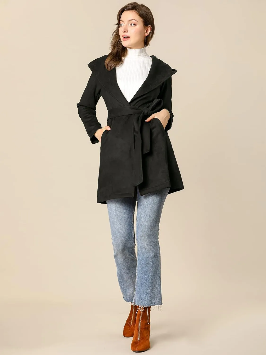 Allegra K Women's Faux Suede Hooded Winter Long Sleeve Belted Wrap Coat