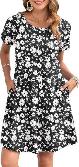 AUSELILY Women's Summer Casual Dresses 2025 Short Sleeve Swing Beach Floral T-Shirt Dress with Pockets
