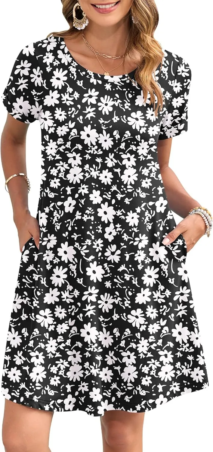 AUSELILY Women's Summer Casual Dresses 2025 Short Sleeve Swing Beach Floral T-Shirt Dress with Pockets