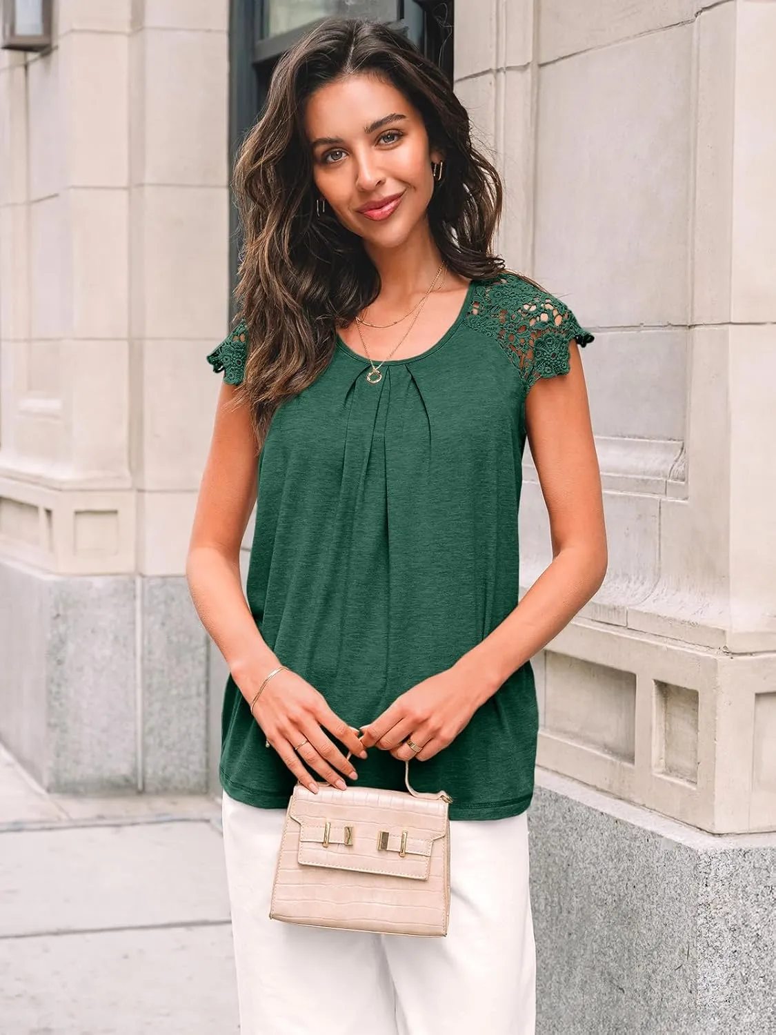 AUTOMET Womens Lace Tops Pleated Short Sleeve Shirts Summer Business Casual Dressy Blouses