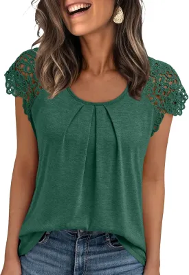 AUTOMET Womens Lace Tops Pleated Short Sleeve Shirts Summer Business Casual Dressy Blouses