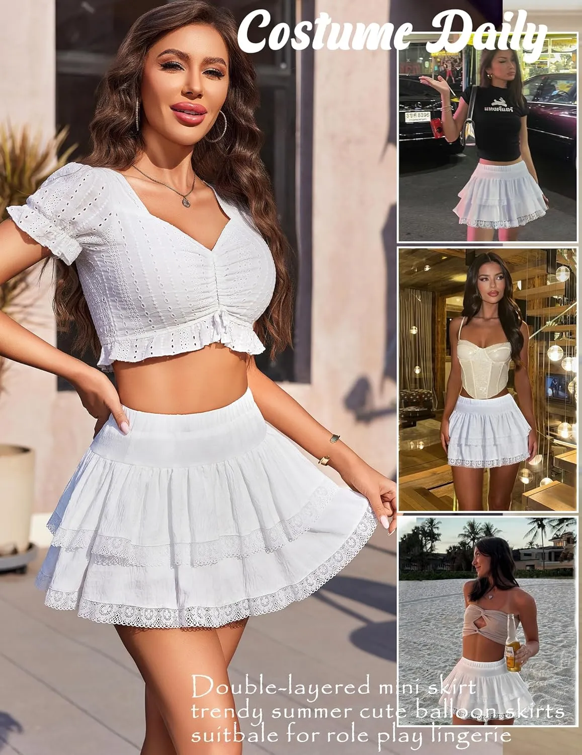 Avidlove Women's Mini Skirt Basic High Waisted Tiered Ruffles Short Lace Hem Cute Lingerie Skirts S-XXL