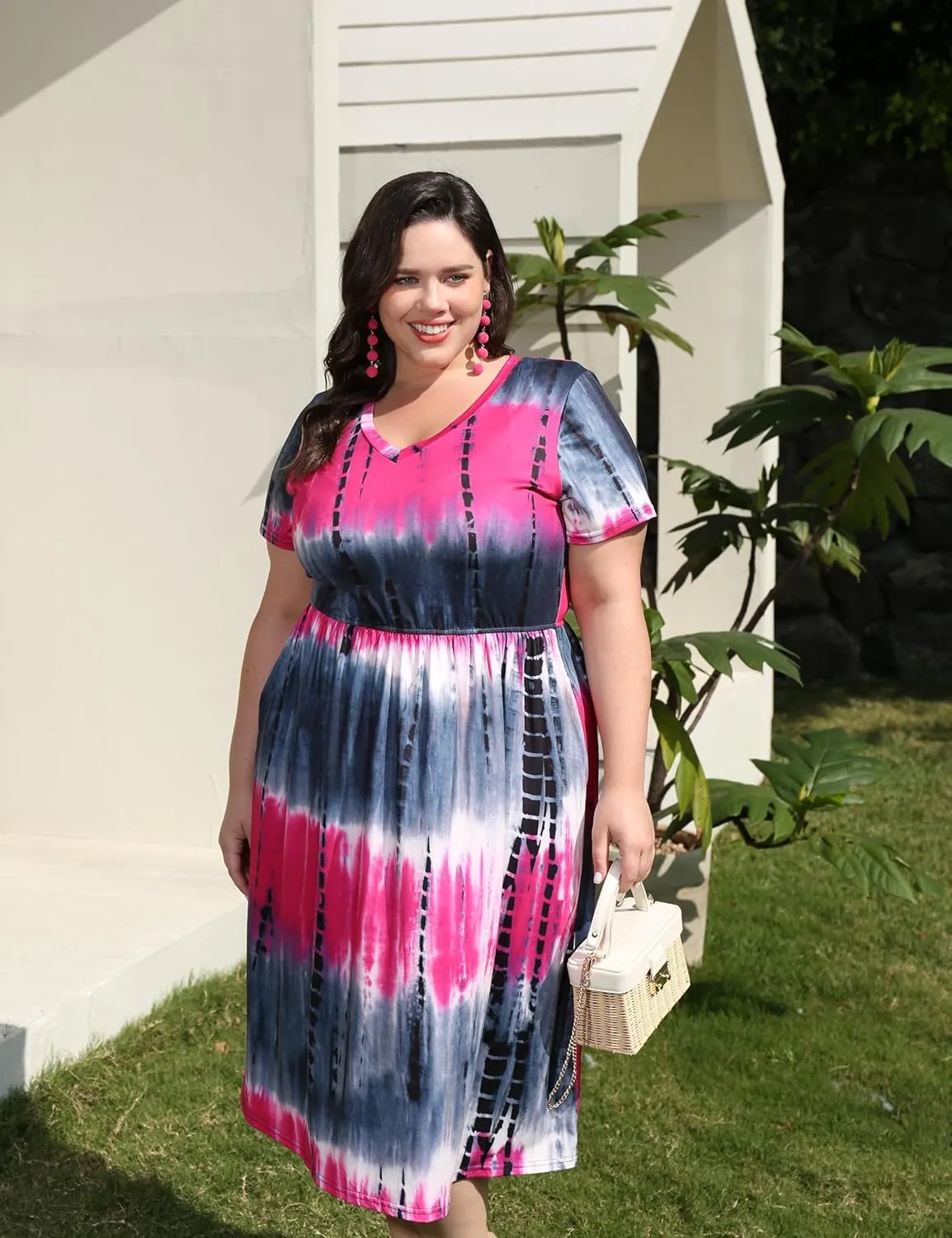 CARCOS Plus Size Dresses for Curvy Women V Neck Short Sleeve Dresses Floral/Striped Summer Boho Dresses with Pocket XL-5XL