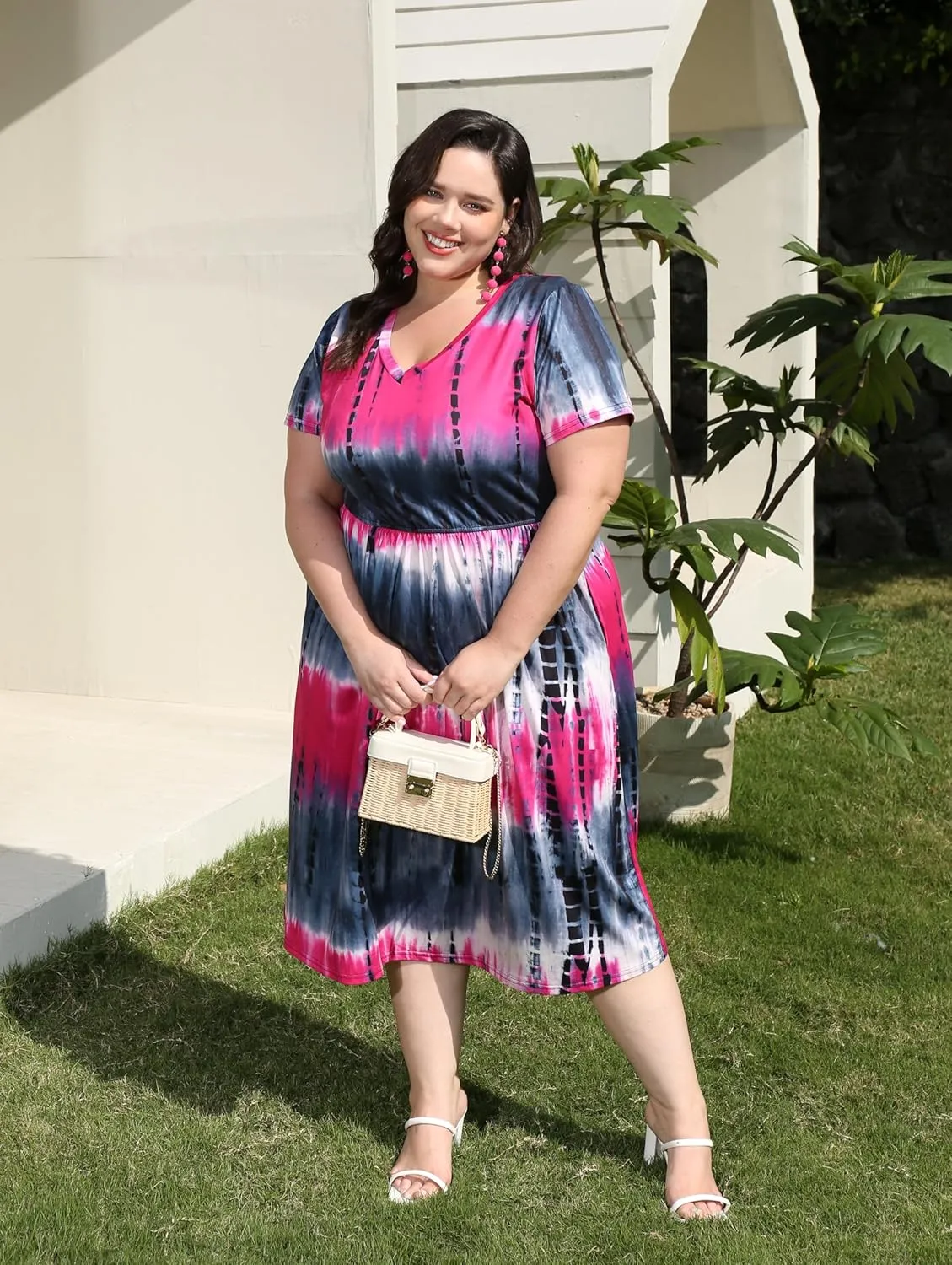 CARCOS Plus Size Dresses for Curvy Women V Neck Short Sleeve Dresses Floral/Striped Summer Boho Dresses with Pocket XL-5XL