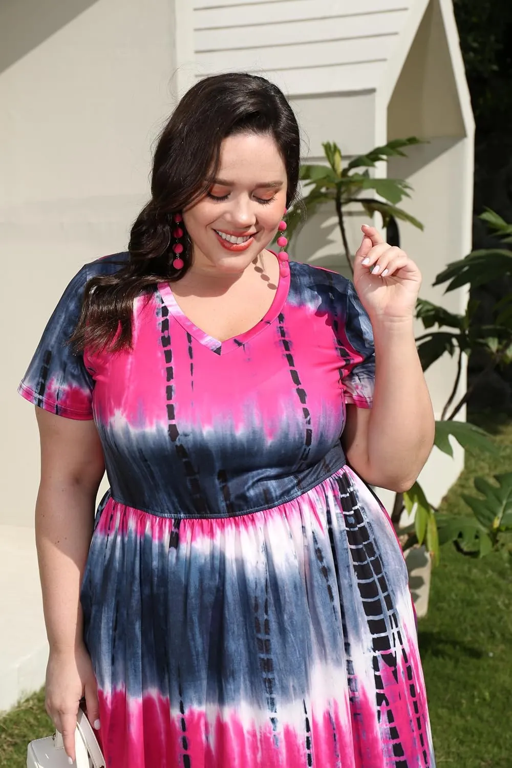 CARCOS Plus Size Dresses for Curvy Women V Neck Short Sleeve Dresses Floral/Striped Summer Boho Dresses with Pocket XL-5XL