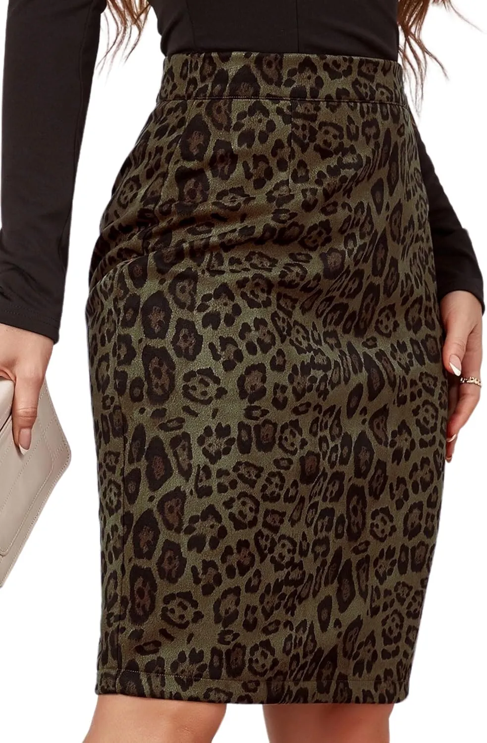 Ezcosplay Women Faux Suede Leopard Pencil Skirt Knee Length High Waisted Cheetah Print Bodycon Midi Skirts