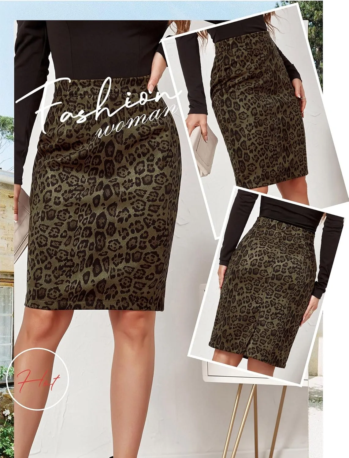 Ezcosplay Women Faux Suede Leopard Pencil Skirt Knee Length High Waisted Cheetah Print Bodycon Midi Skirts