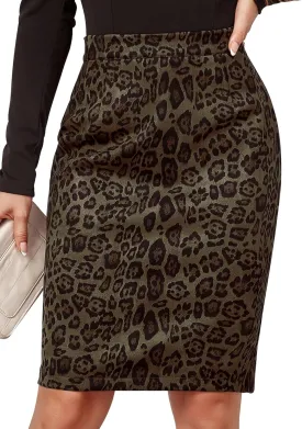 Ezcosplay Women Faux Suede Leopard Pencil Skirt Knee Length High Waisted Cheetah Print Bodycon Midi Skirts