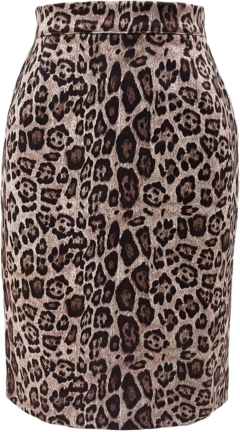 Ezcosplay Women Faux Suede Leopard Pencil Skirt Knee Length High Waisted Cheetah Print Bodycon Midi Skirts