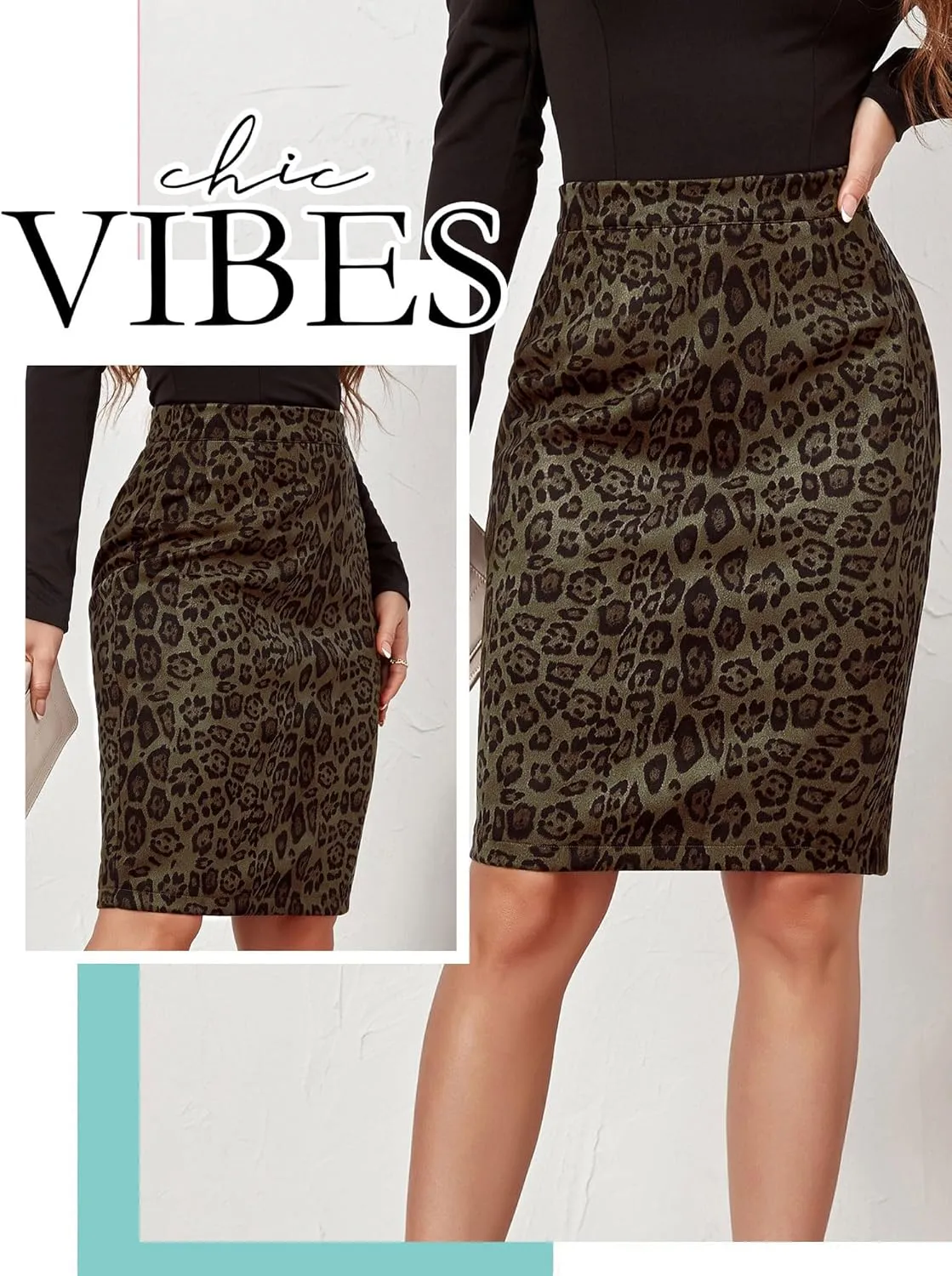 Ezcosplay Women Faux Suede Leopard Pencil Skirt Knee Length High Waisted Cheetah Print Bodycon Midi Skirts