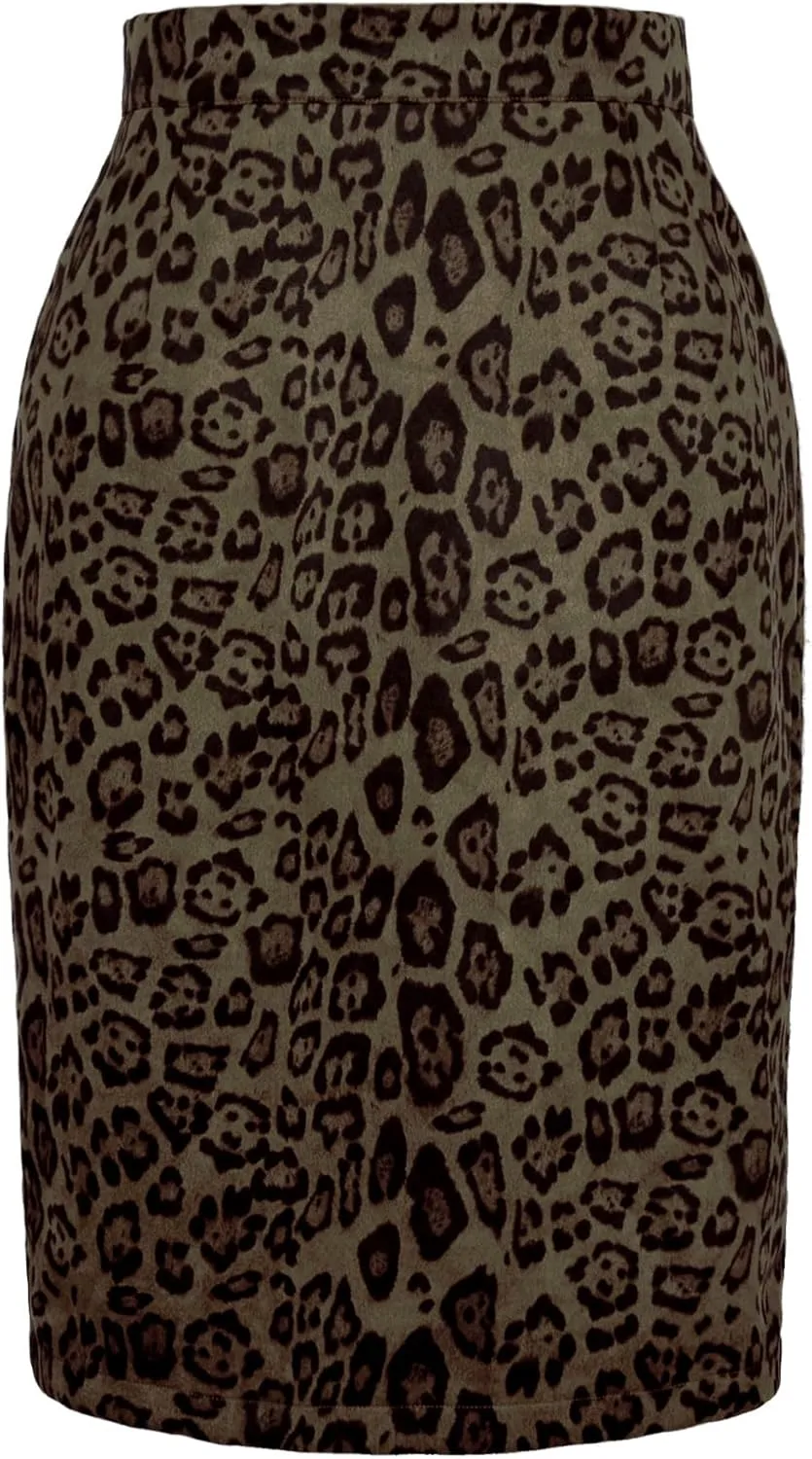 Ezcosplay Women Faux Suede Leopard Pencil Skirt Knee Length High Waisted Cheetah Print Bodycon Midi Skirts