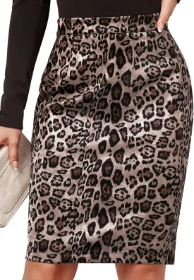 Ezcosplay Women Faux Suede Leopard Pencil Skirt Knee Length High Waisted Cheetah Print Bodycon Midi Skirts