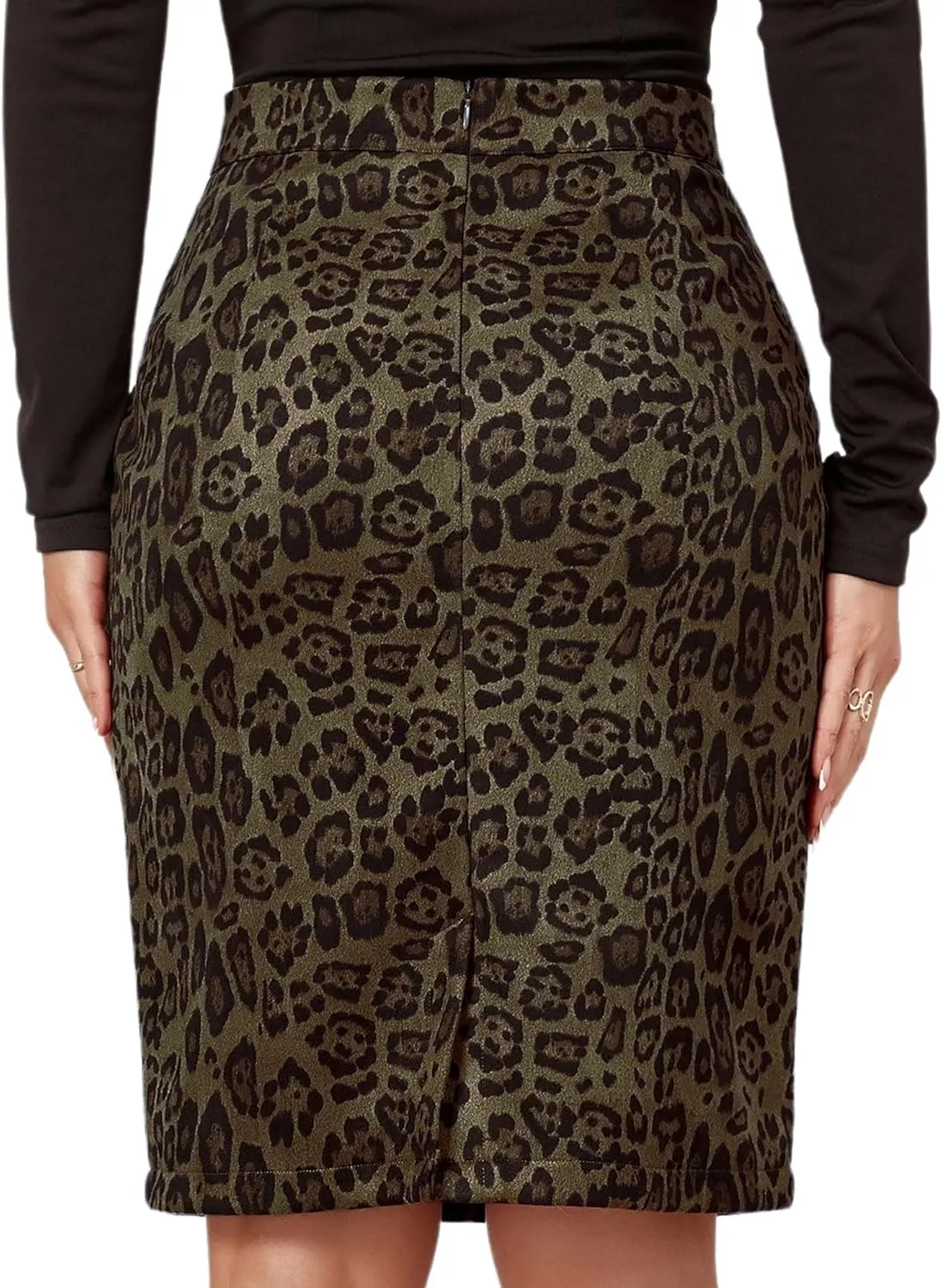Ezcosplay Women Faux Suede Leopard Pencil Skirt Knee Length High Waisted Cheetah Print Bodycon Midi Skirts