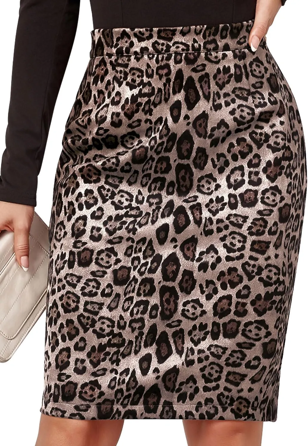 Ezcosplay Women Faux Suede Leopard Pencil Skirt Knee Length High Waisted Cheetah Print Bodycon Midi Skirts