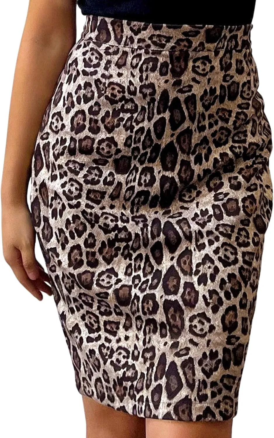 Ezcosplay Women Faux Suede Leopard Pencil Skirt Knee Length High Waisted Cheetah Print Bodycon Midi Skirts
