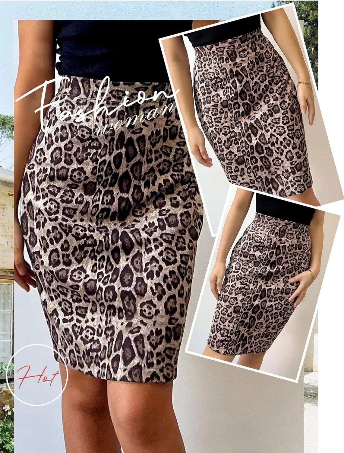 Ezcosplay Women Faux Suede Leopard Pencil Skirt Knee Length High Waisted Cheetah Print Bodycon Midi Skirts