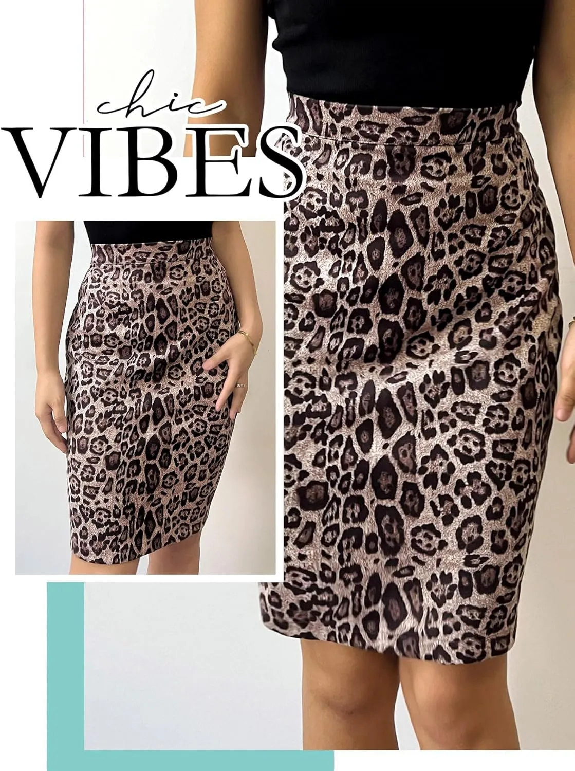 Ezcosplay Women Faux Suede Leopard Pencil Skirt Knee Length High Waisted Cheetah Print Bodycon Midi Skirts