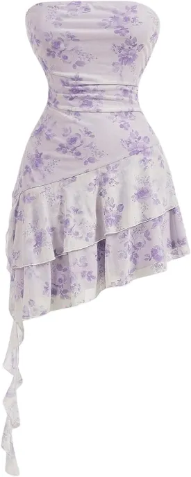 Floerns Women's Floral Layered Ruffle Tube Dress Asymmetrical Hem A Line Short Dresses