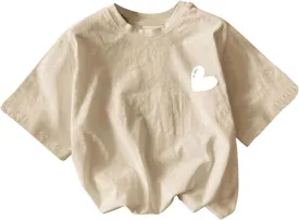 Girl's Heart Print Drop Shoulder T Shirt Casual Short Sleeve Crew Neck Graphic Tee Tops