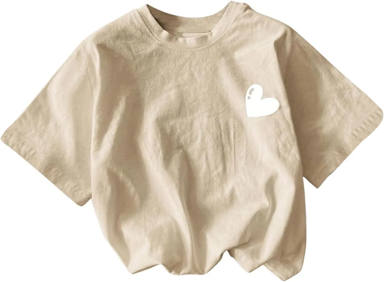 Girl's Heart Print Drop Shoulder T Shirt Casual Short Sleeve Crew Neck Graphic Tee Tops