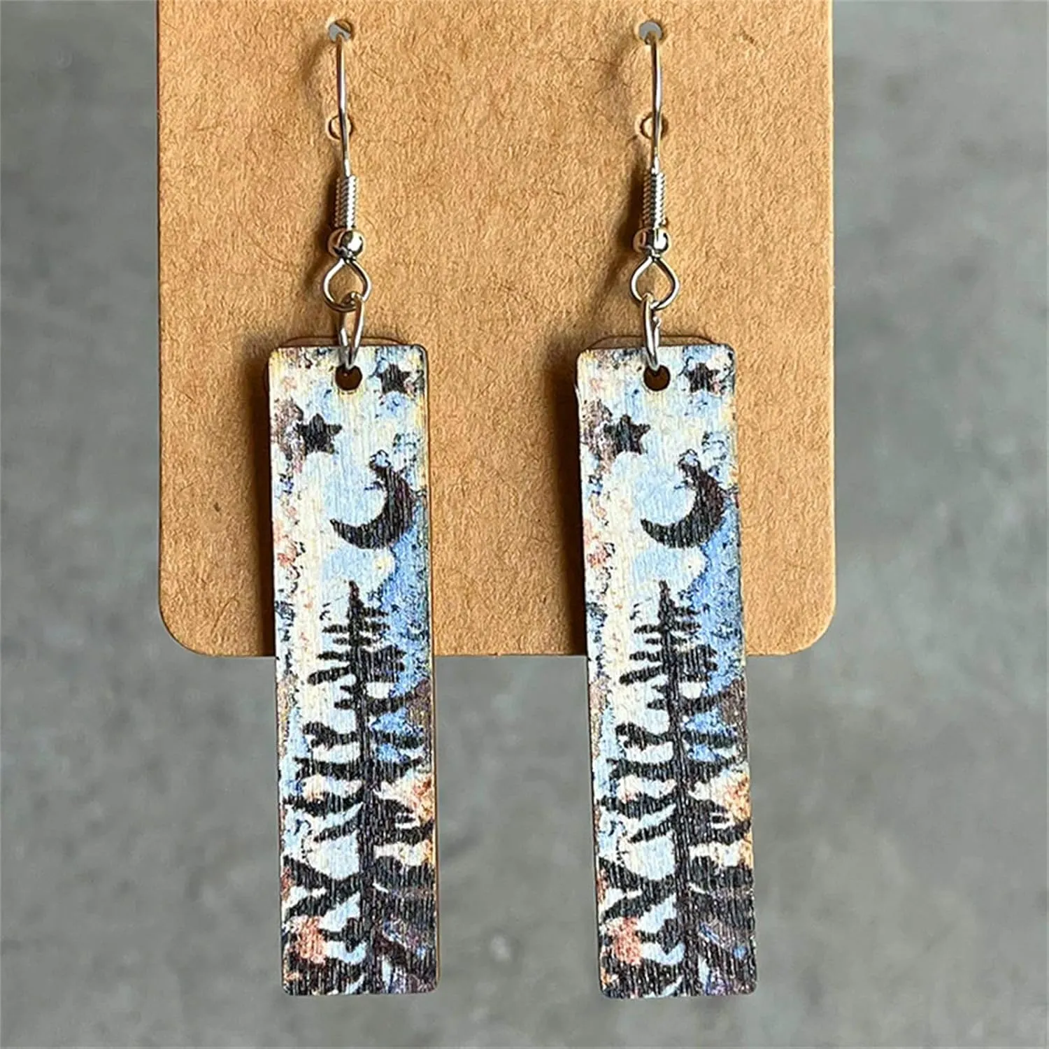 Handmade Vintage Lightweight Moon Star Bar Mountain Earrings for Women Bohemian Retro Snow Mountain Wooden Earrings for Skiers, Hikers, Campers, Climbers,Nature Lovers