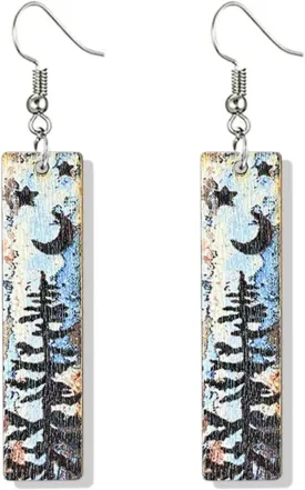 Handmade Vintage Lightweight Moon Star Bar Mountain Earrings for Women Bohemian Retro Snow Mountain Wooden Earrings for Skiers, Hikers, Campers, Climbers,Nature Lovers