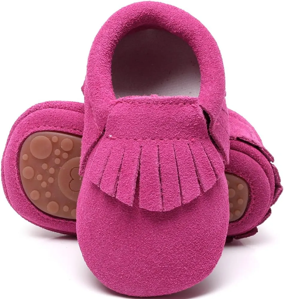 HONGTEYA Leather Baby Moccasins Hard Soled Tassel Crib Toddler Shoes for Boys and Girls