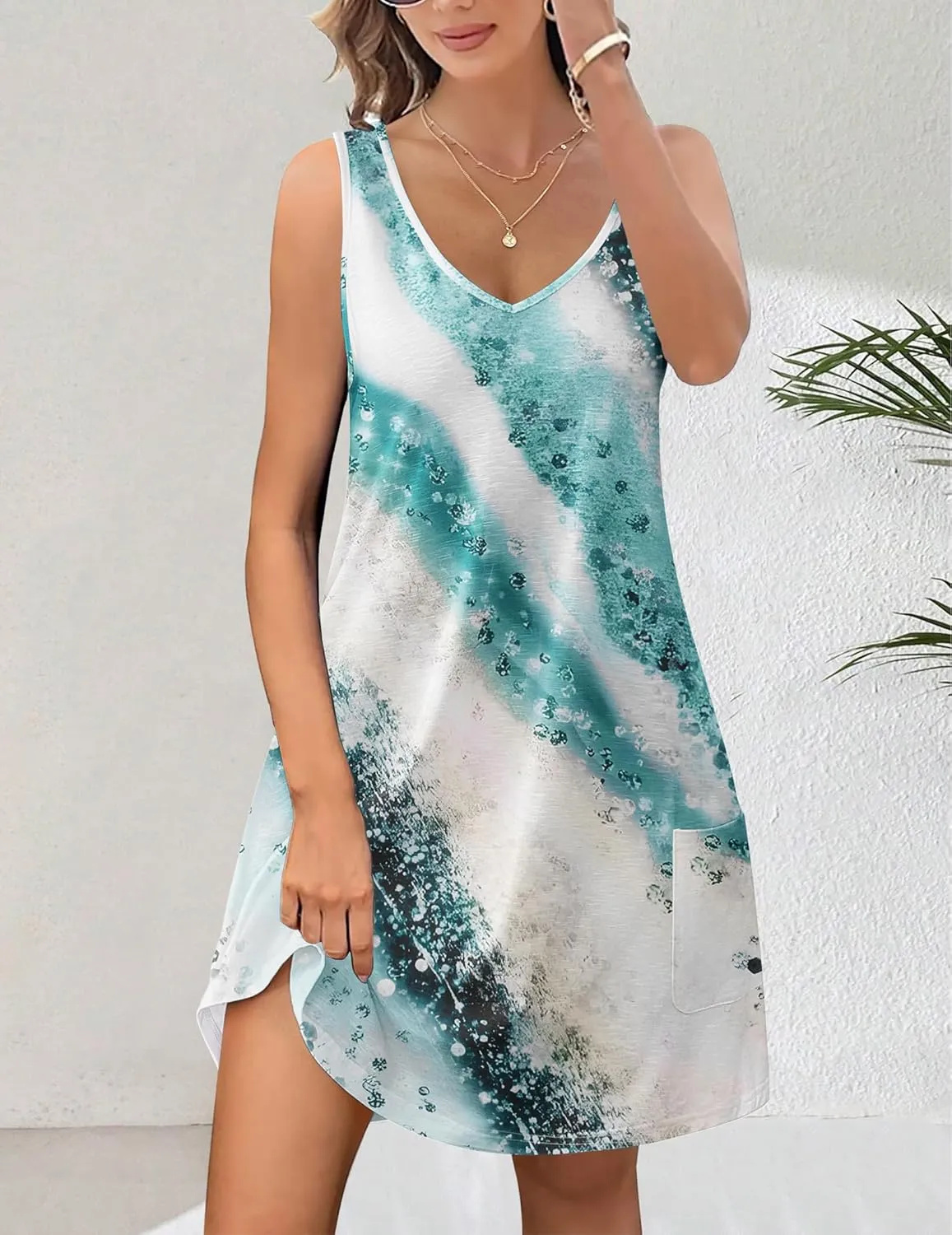 HOTOUCH Women's Casual Sundress with Pockets Summer Beach Dress Floral T-Shirts Dress V Neck Loose Tank Dresses