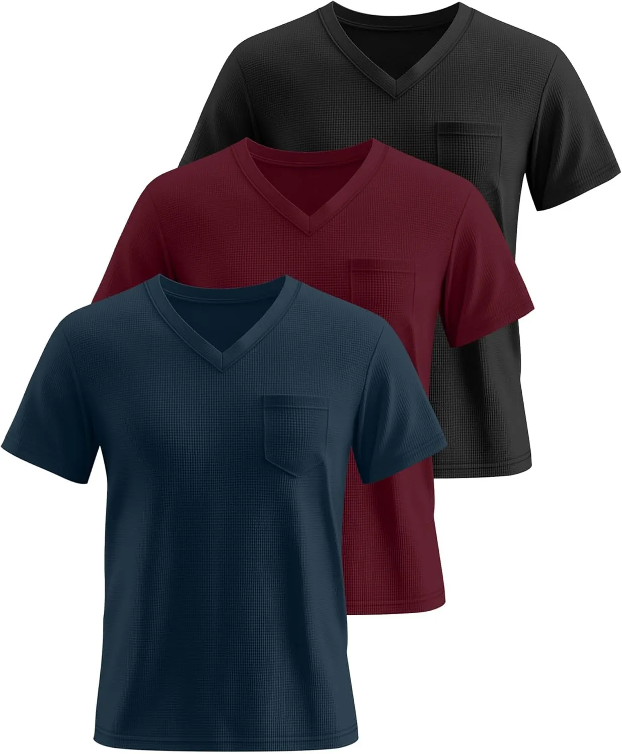 Huukeay 3 Pack Men's Waffle Shirts V Neck Tee with Pocket Short Sleeve Textured Knitted Summer Casual Basic Tops