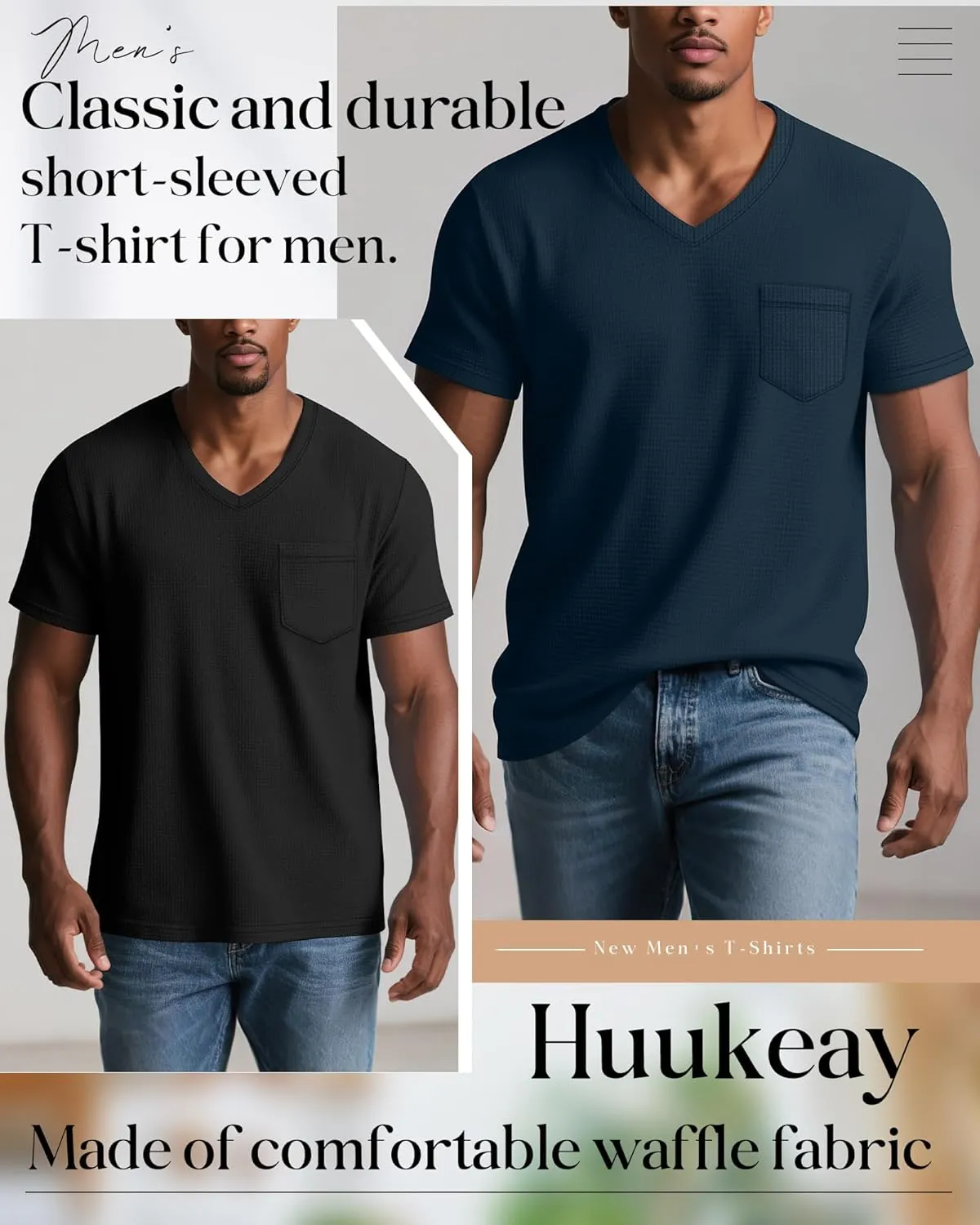 Huukeay 3 Pack Men's Waffle Shirts V Neck Tee with Pocket Short Sleeve Textured Knitted Summer Casual Basic Tops