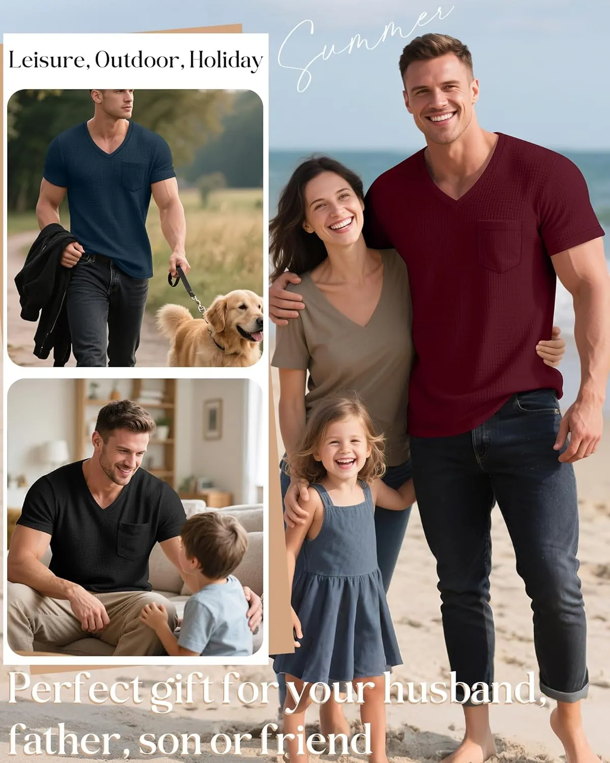 Huukeay 3 Pack Men's Waffle Shirts V Neck Tee with Pocket Short Sleeve Textured Knitted Summer Casual Basic Tops