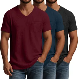 Huukeay 3 Pack Men's Waffle Shirts V Neck Tee with Pocket Short Sleeve Textured Knitted Summer Casual Basic Tops