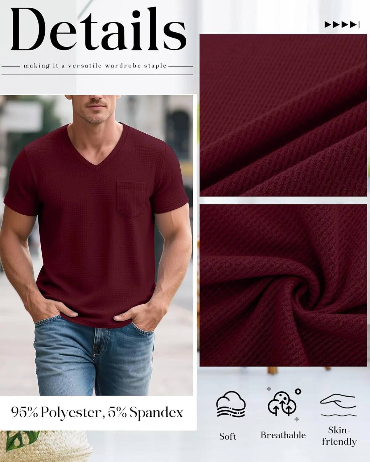 Huukeay 3 Pack Men's Waffle Shirts V Neck Tee with Pocket Short Sleeve Textured Knitted Summer Casual Basic Tops