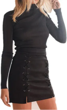 katiewens Women's Classic High Waist Lace Up Bodycon Faux Suede A Line Mini Pencil Skirt