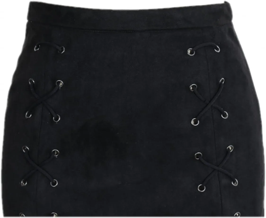 katiewens Women's Classic High Waist Lace Up Bodycon Faux Suede A Line Mini Pencil Skirt