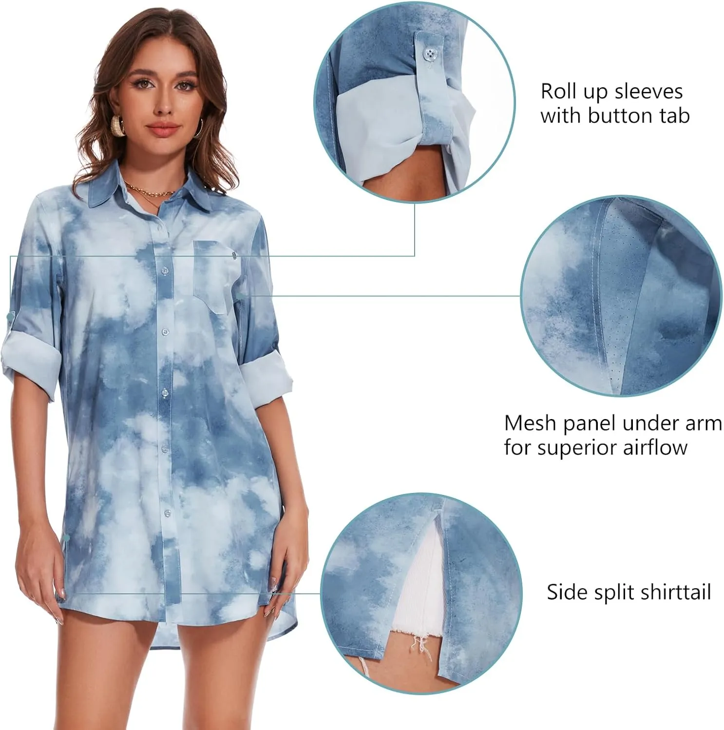 Lightbare Womens UPF 50  Button Down Shirt Dress Collared Long Sleeve Blouse Swimsuit Coverup Boyfriend Shirts Loose Fit