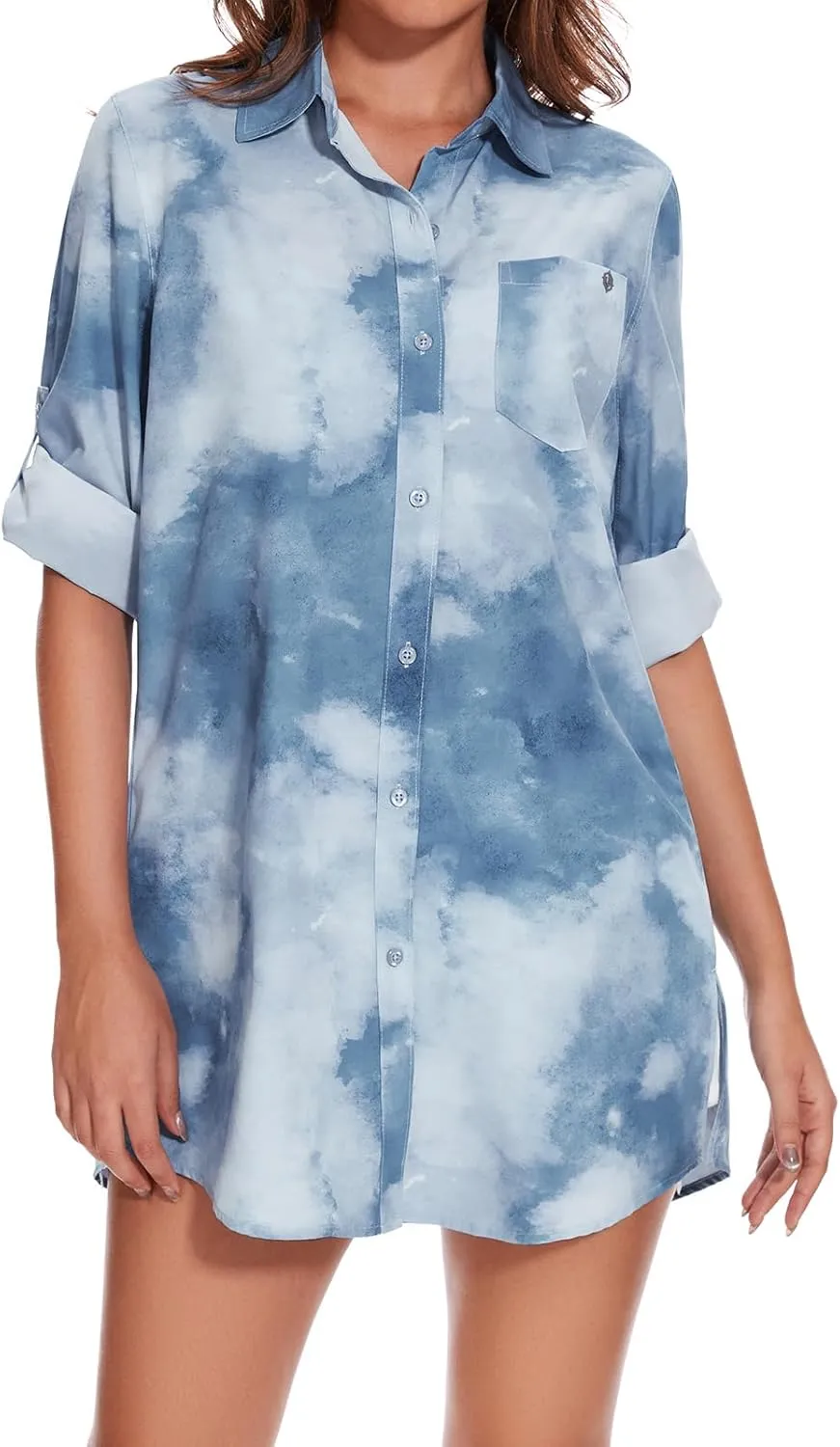 Lightbare Womens UPF 50  Button Down Shirt Dress Collared Long Sleeve Blouse Swimsuit Coverup Boyfriend Shirts Loose Fit