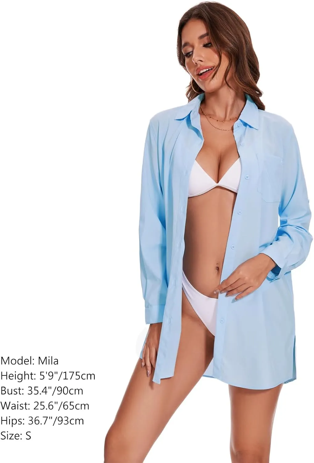 Lightbare Womens UPF 50  Button Down Shirt Dress Collared Long Sleeve Blouse Swimsuit Coverup Boyfriend Shirts Loose Fit