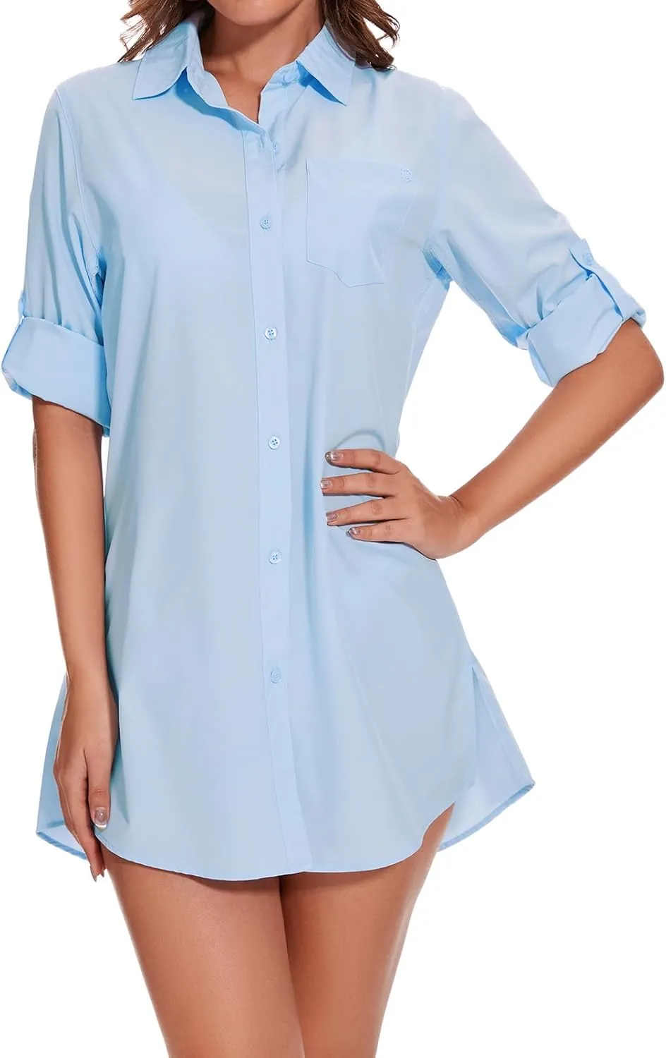 Lightbare Womens UPF 50  Button Down Shirt Dress Collared Long Sleeve Blouse Swimsuit Coverup Boyfriend Shirts Loose Fit