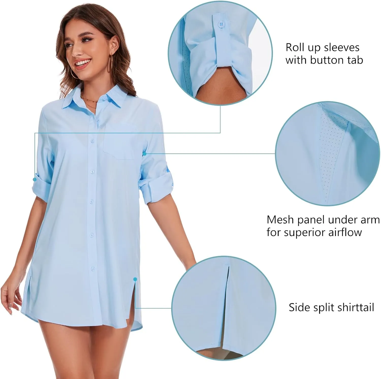 Lightbare Womens UPF 50  Button Down Shirt Dress Collared Long Sleeve Blouse Swimsuit Coverup Boyfriend Shirts Loose Fit