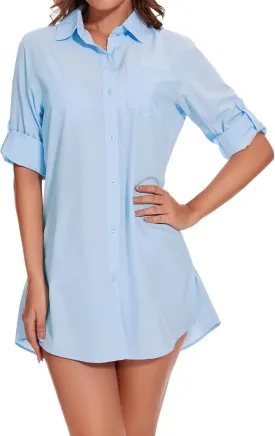 Lightbare Womens UPF 50  Button Down Shirt Dress Collared Long Sleeve Blouse Swimsuit Coverup Boyfriend Shirts Loose Fit