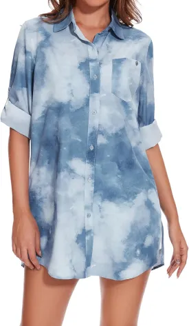 Lightbare Womens UPF 50  Button Down Shirt Dress Collared Long Sleeve Blouse Swimsuit Coverup Boyfriend Shirts Loose Fit