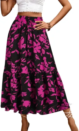 Long Skirts for Women High Elastic Waist Skirt Casual Summer Fake Drawstring Floral Pleated A Line Boho Cute Skirts 8627