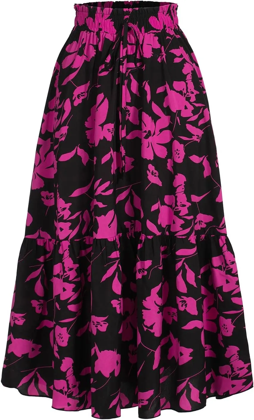Long Skirts for Women High Elastic Waist Skirt Casual Summer Fake Drawstring Floral Pleated A Line Boho Cute Skirts 8627