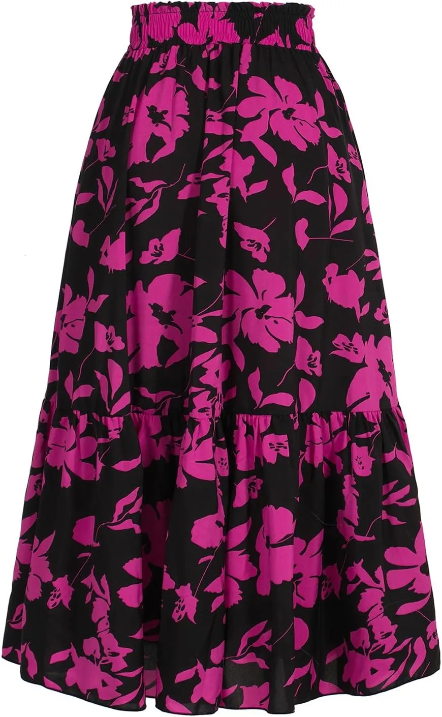 Long Skirts for Women High Elastic Waist Skirt Casual Summer Fake Drawstring Floral Pleated A Line Boho Cute Skirts 8627