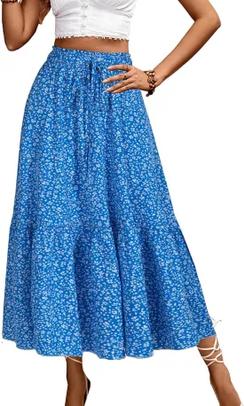 Long Skirts for Women High Elastic Waist Skirt Casual Summer Fake Drawstring Floral Pleated A Line Boho Cute Skirts 8627