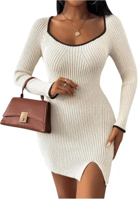 MakeMeChic Women's Scoop Neck Sweater Dress Long Sleeve Split Bodycon Short Mini Dresses