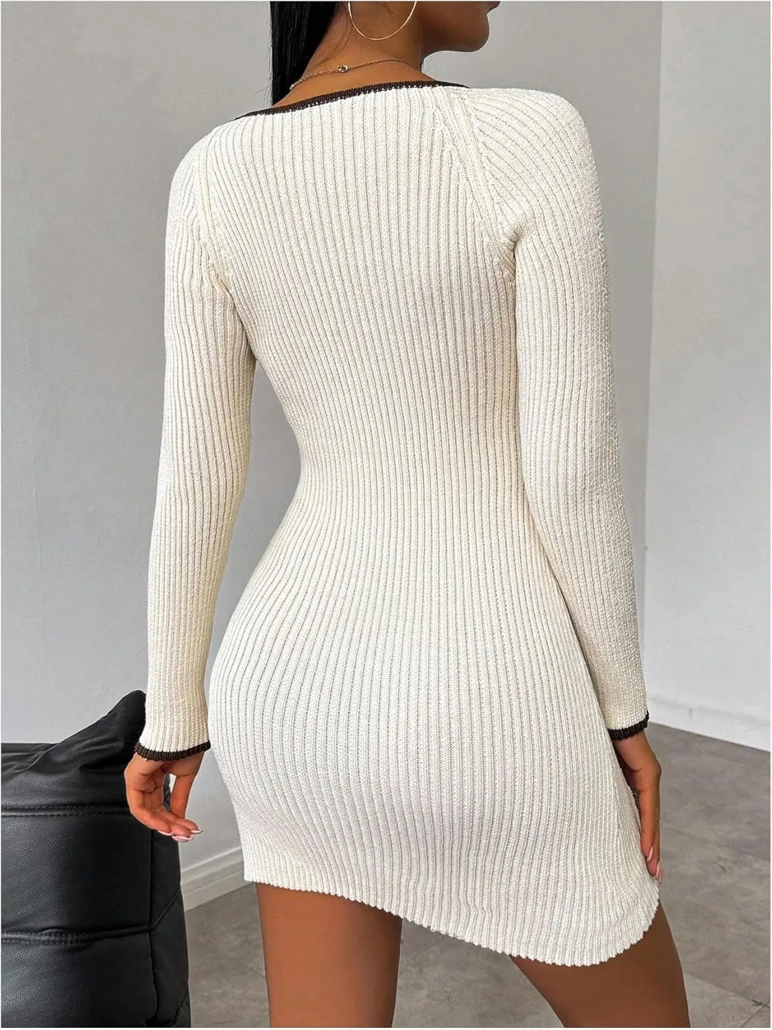 MakeMeChic Women's Scoop Neck Sweater Dress Long Sleeve Split Bodycon Short Mini Dresses