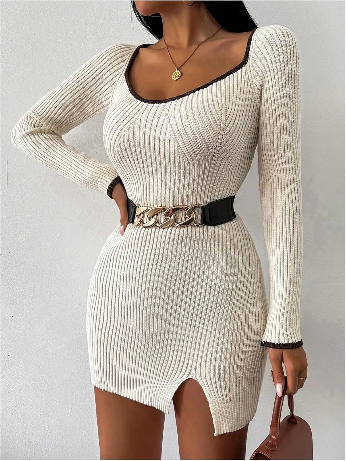 MakeMeChic Women's Scoop Neck Sweater Dress Long Sleeve Split Bodycon Short Mini Dresses