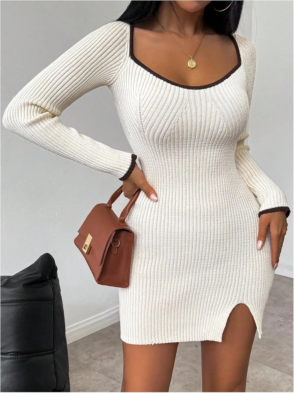 MakeMeChic Women's Scoop Neck Sweater Dress Long Sleeve Split Bodycon Short Mini Dresses